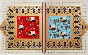 Mahmood SABZI East is East West is West, 2015 Acrylic, Gouache, Metalic Paint, Gold Leafs on Canvas Diptych 153 x 122 cm (each)
