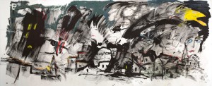 " Le  petit  village  de  Miromesnil " 2012     Encre  de  Chine  et  acrylique  sur  papier  maroufle?  sur  toile,  200  x  495  cm 