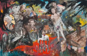Un  refuge  pre?caire  »  2015,  Technique  mixte  et  collages  sur  toile,  200  x  300  cm 