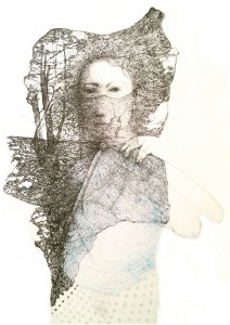 « Pois gris sur ma jupe» 2015 Encre et crayon de couleur sur papier 50 x 60 cm