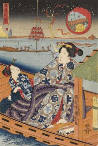 Utagawa Kuniyoshi (1797-1861), La fête de la rivière au pont Ry?goku, le cinquième mois (série sans titre de beautés avec enfants au fil des douze mois de l’année), vers 1836. Nishiki-e, format ?ban (39 × 26,5 cm). Collection particulière. Photo : Courstesy of Gallery Beniya.