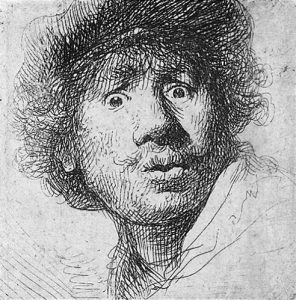 Rembrandt aux yeux hagards, autoportrait, eau forte 1630