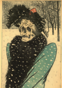 Eugène Delatre La mort en fourrures Eau-forte et aquatinte en couleurs, vers 1897 50,5 x 32,5 cm Allégorie de la syphilis © Collection G.J.