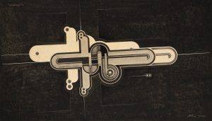 Robert Michel, '' Stud-mécanique '' : I, 1924 Collage, gouache, peinture cuivre, encre, inter-ligne et pulvérisation sur papier vélin ; montage réalisé par l'artiste à une date postérieure 44,5 x 67,5 cm