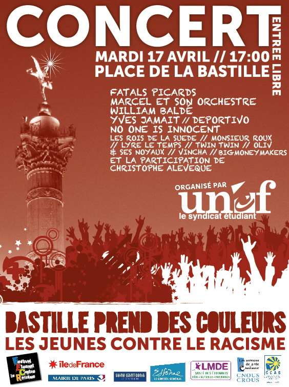 L’Antiracisme prend la Bastille en musique le 17 avril