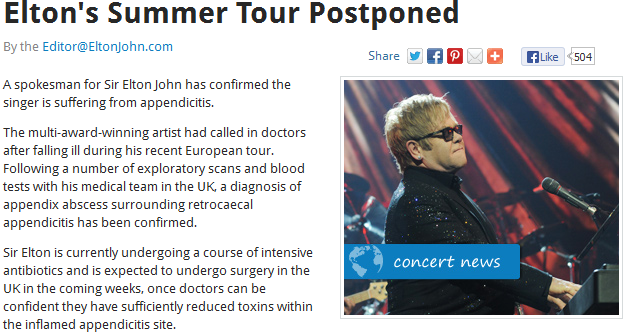 L’appendicite enlève Elton John à ses fans cet été