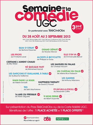La semaine de la comédie : la place de ciné-sourire à 3.50 euros chez UGC du 28 août au 3 septembre