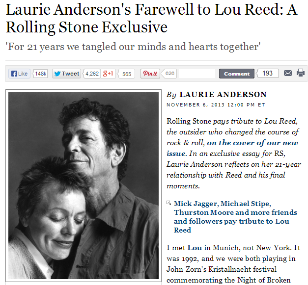 Laurie Anderson et Bono : hommages proches à Lou Reed